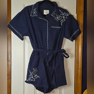 Women's M Umgee Navy Blue Embroidered Button-Up Romper Boho Resortwear